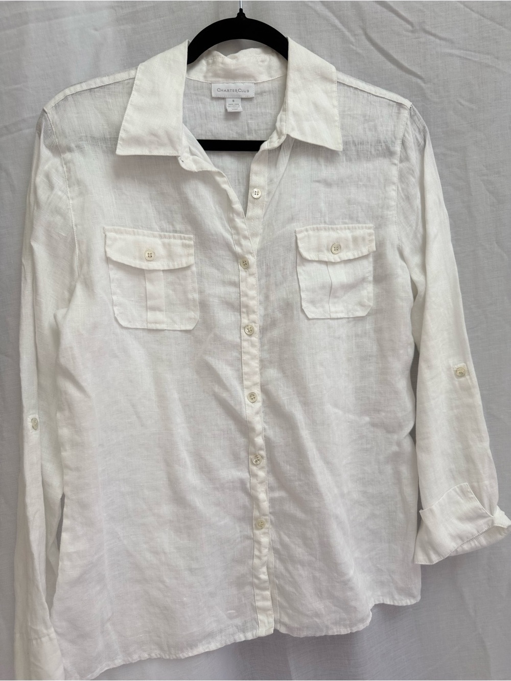 100% Linen Roll-Tab Button Down Charter Club Shirt Size 8 EUC